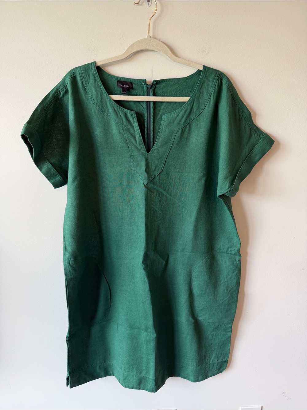Talbots Emerald Green Linen Short-Sleeve Tunic Dress with Pockets Tie Waist